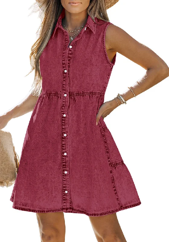 Denim dress with adjustable buttons--Baroque Rose Denim Dress for Women Sleeveless Babydoll Button Down Short Jean Dresses Cute Summer Denim dress with adjustable buttons--Baroque Rose Denim Dress for Women Sleeveless Babydoll Button Down Short Jean Dresses Cute Summer
