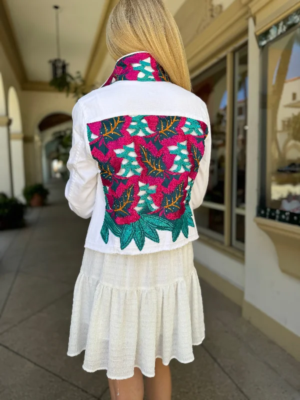 How to wash denim jackets -The White Denim Jacket / Fuchsia and Teal Woven Design