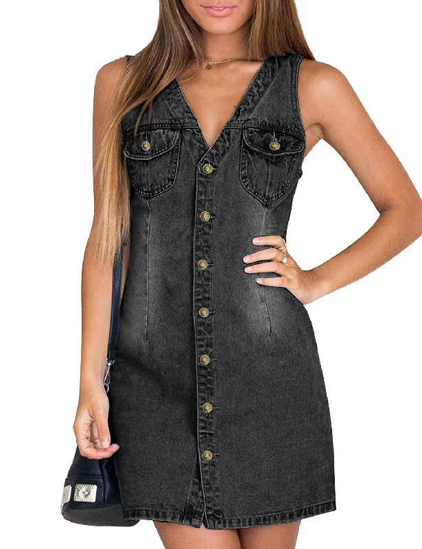 How to style denim dress for beach--Women Sleeveless V Neck Button Down Frayed Hem Short Denim Dress
