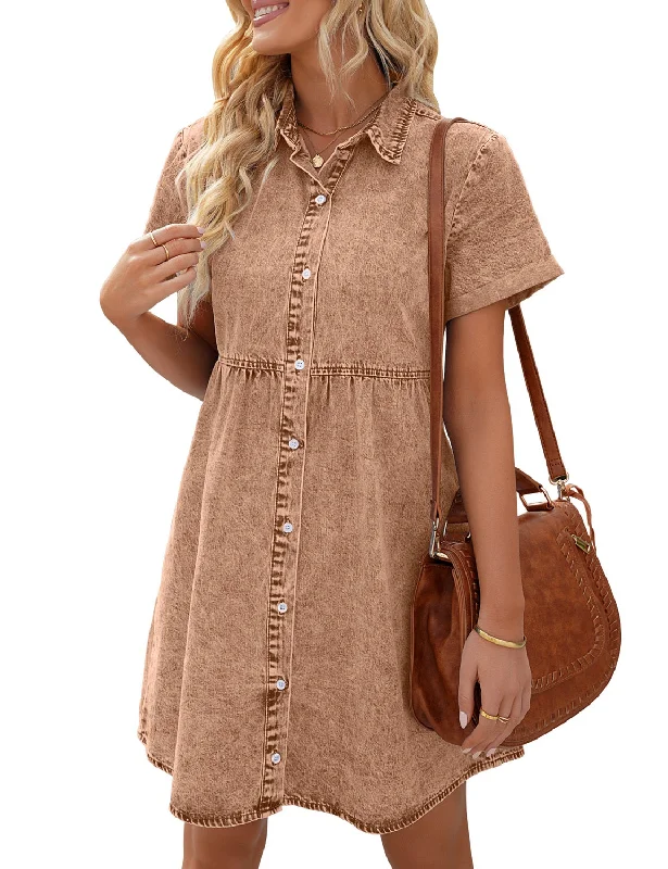 Denim dress with contrast hemline--Pecan Brown Women's Short Sleeve Button Down Flowy Tiered Babydoll Denim Dress Denim dress with contrast hemline--Pecan Brown Women's Short Sleeve Button Down Flowy Tiered Babydoll Denim Dress