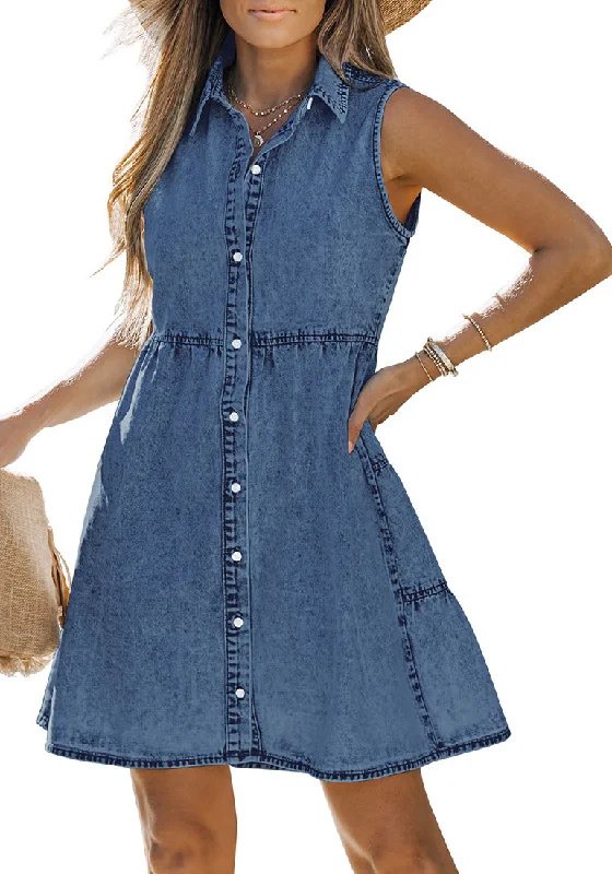 How to style denim dress for work--Reef Blue Denim Dress for Women Sleeveless Babydoll Button Down Short Jean Dresses Cute Summer How to style denim dress for work--Reef Blue Denim Dress for Women Sleeveless Babydoll Button Down Short Jean Dresses Cute Summer
