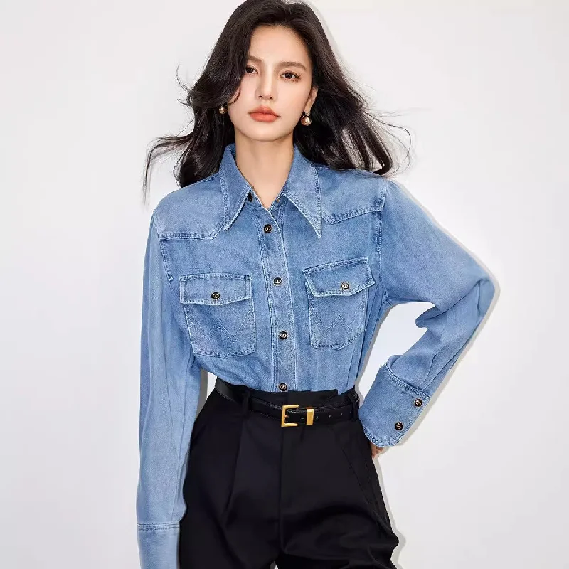 How to style denim tops for Mars colonies- -Women's Retro Denim Shirt Button Front Pockets Cowboy Style Blouse