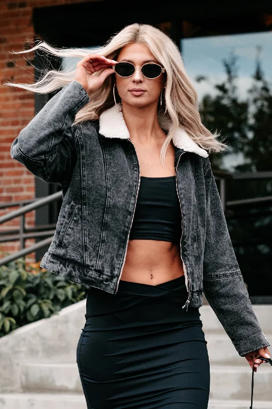How to style a denim jacket with dresses -Kita Washed Denim Sherpa Jacket (Black)
