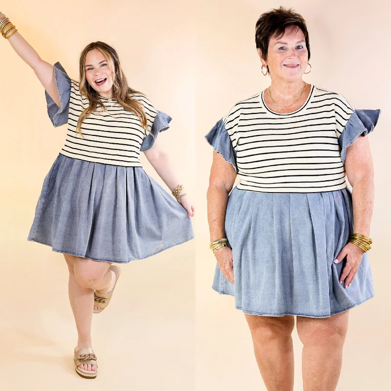 Denim dress outfit ideas over 50--Denim Duo Striped Dress in Cream and Black with Denim