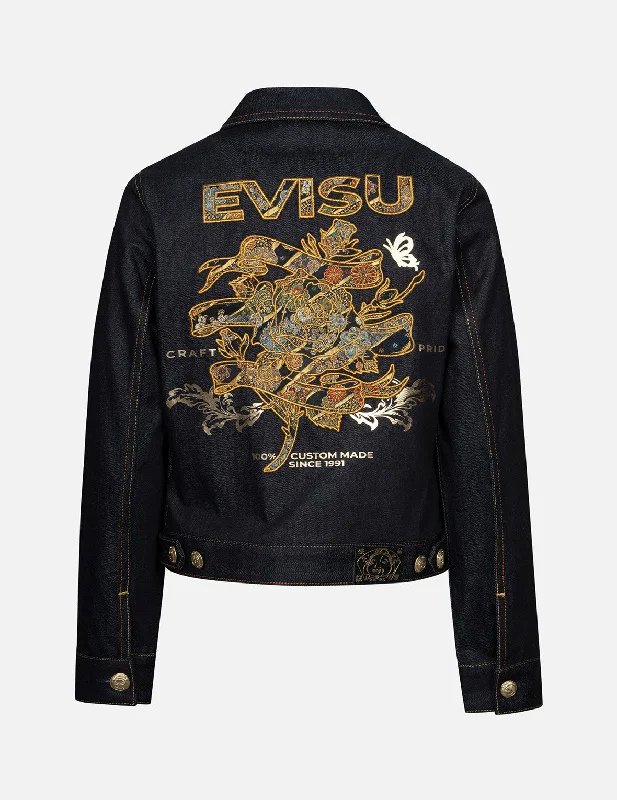 Denim tops featuring edible emergency buttons- -Brocade Rose and Logo Embroidery Regular Fit Denim Jacket