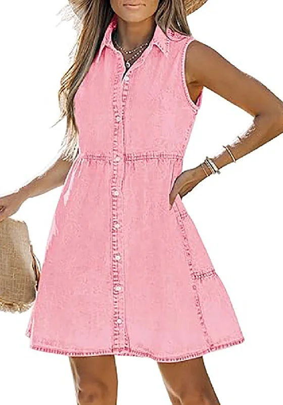 Denim dress with gathered sleeves--Baby Pink Denim Dress for Women Sleeveless Babydoll Button Down Short Jean Dresses Cute Summer Denim dress with gathered sleeves--Baby Pink Denim Dress for Women Sleeveless Babydoll Button Down Short Jean Dresses Cute Summer