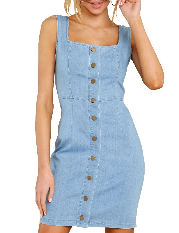 Denim dress with side gathering--Women Sleeveless V Neck Button Down Frayed Hem Short Denim Dress Denim dress with side gathering--Women Sleeveless V Neck Button Down Frayed Hem Short Denim Dress