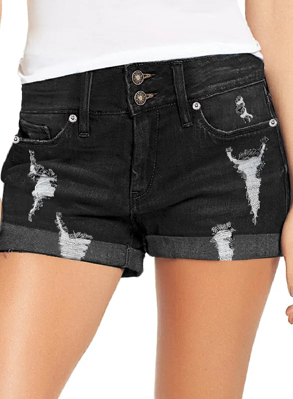 Women's High Waisted Rolled Hem Distressed Jeans Ripped Denim Shorts