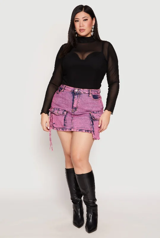 Plus Size Daisy Acid Wash Denim Cargo Skirt