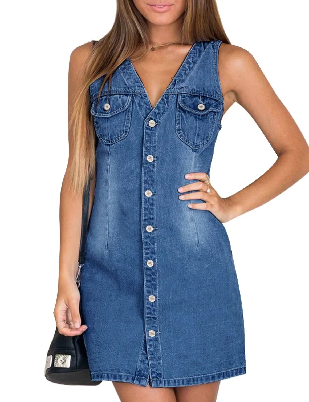 Denim dress with contrast placket--Women Sleeveless V Neck Button Down Frayed Hem Short Denim Dress