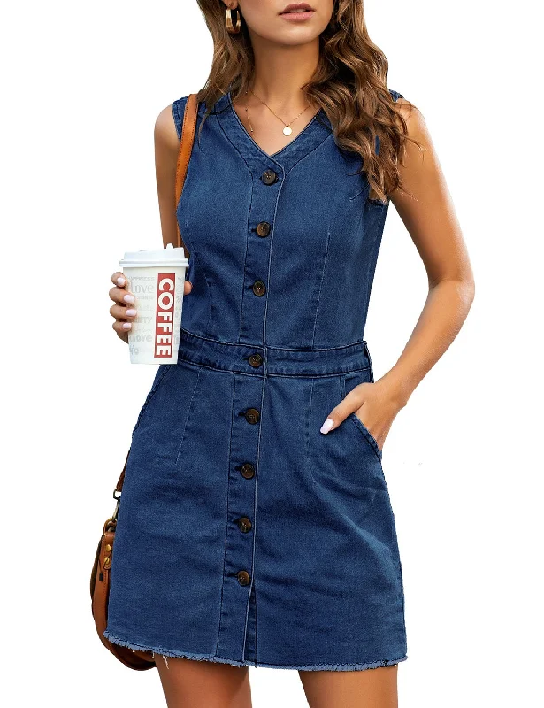 How to style denim dress in summer--Women Sleeveless V Neck Button Down Frayed Hem Short Denim Dress How to style denim dress in summer--Women Sleeveless V Neck Button Down Frayed Hem Short Denim Dress