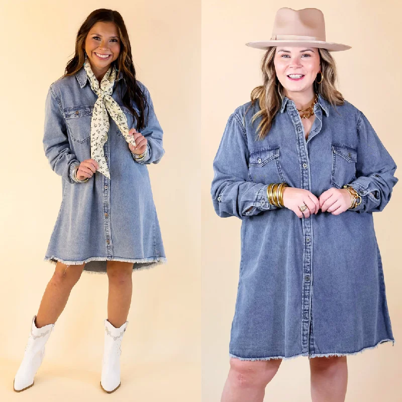 Denim dress weight: lightweight vs. heavy--Patio Date Button Up Long Sleeve Denim Dress in Medium Wash