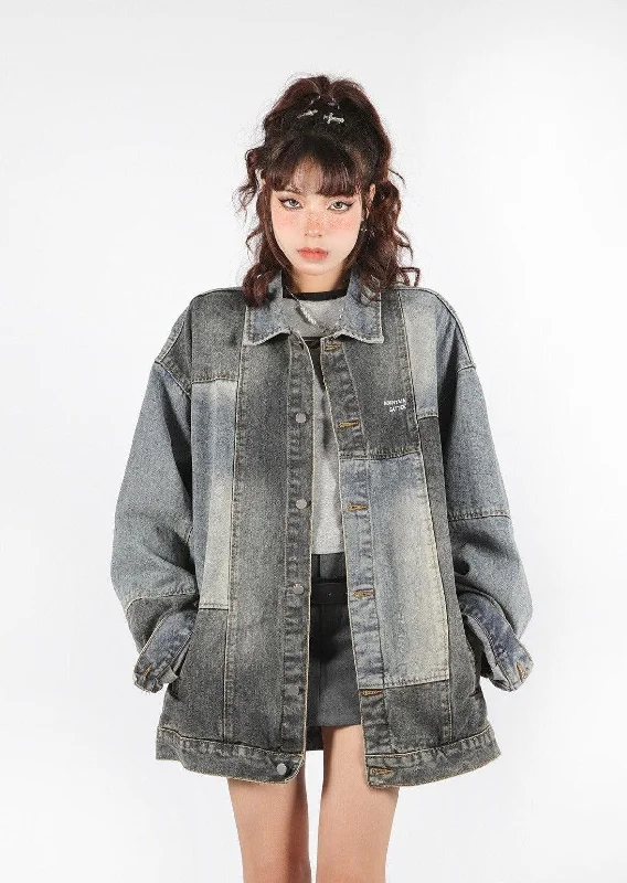 Styling tips for oversized denim jackets -Patchwork Oversized Denim Jacket