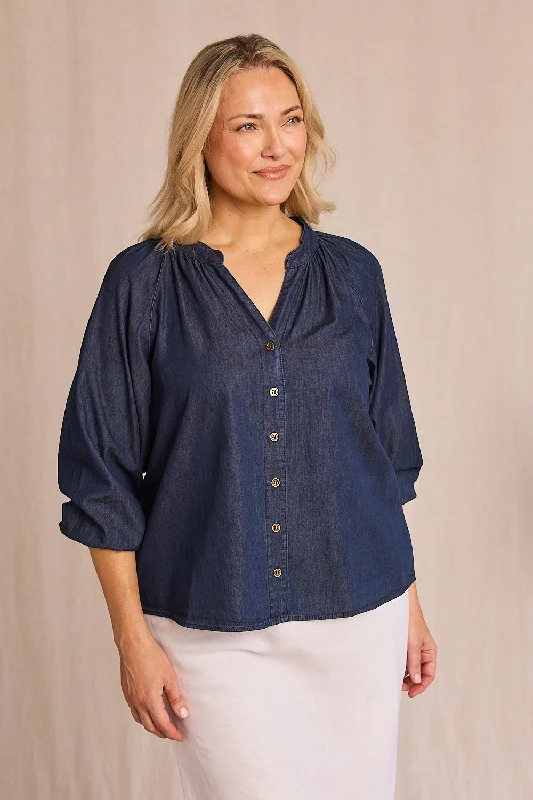Denim tops with time-release vitamin patches- -Kitty Chambray Top in Dark Wash