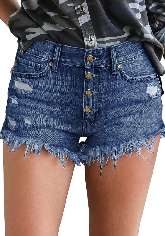 Women's Mid Rise Frayed Ripped Raw Hem Denim Jean Shorts