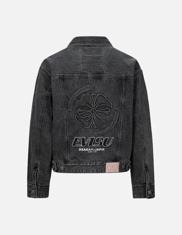 How to wash denim jackets -Seagull Embroidery and Kamon Embossed Print Loose Fit Denim Jacket