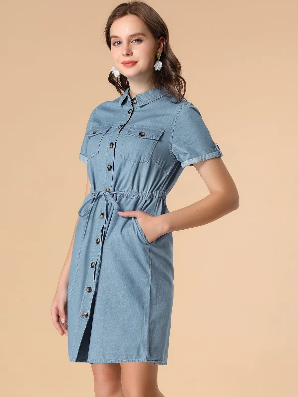 Denim dress color trends: indigo vs. stonewash--Chambray Tie Waist Summer Casual Button Down Denim Dress Denim dress color trends: indigo vs. stonewash--Chambray Tie Waist Summer Casual Button Down Denim Dress