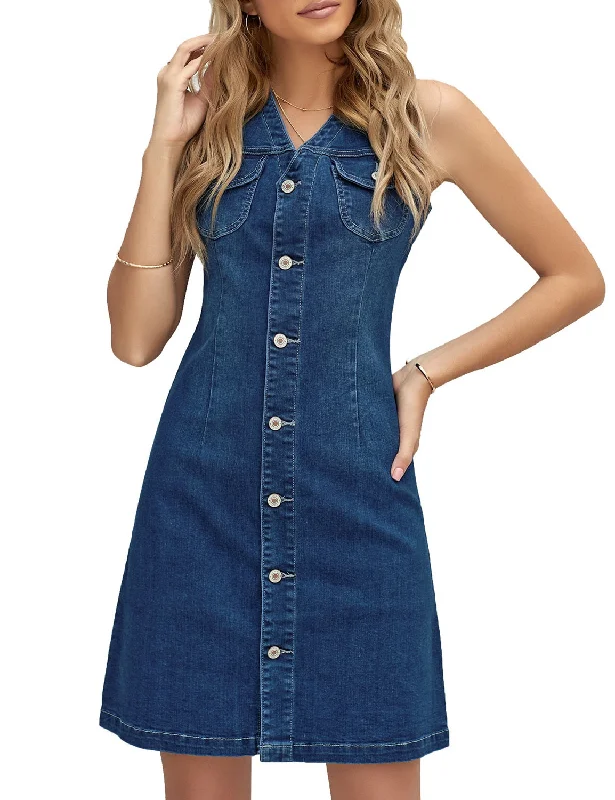 Best denim dresses for long torso--Women Sleeveless V Neck Button Down Frayed Hem Short Denim Dress Best denim dresses for long torso--Women Sleeveless V Neck Button Down Frayed Hem Short Denim Dress