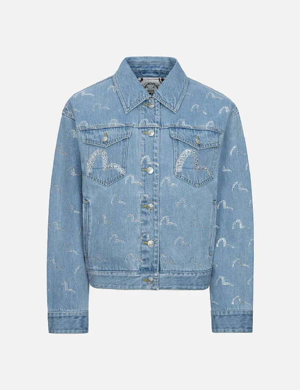 Denim jackets for plus-size women -Allover Rhinestone Seagull Loose Fit Denim Jacket