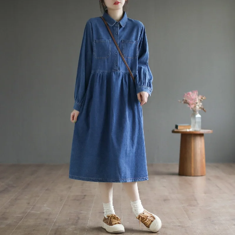 Denim dress with contrast piping--Spring Loose Solid Casual Cotton Denim Dress