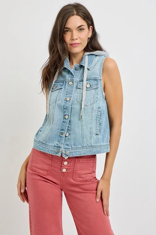 Women's denim jackets with eco-friendly materials -DENIM VEST WITH DETACHABLE HOODIE Women's denim jackets with eco-friendly materials -DENIM VEST WITH DETACHABLE HOODIE
