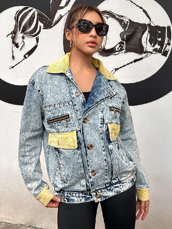 Denim jackets for women over 60 -Mid Wash Patchwork Denim Jacket