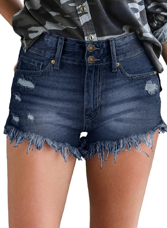Women's Mid Rise Frayed Ripped Raw Hem Denim Jean Shorts