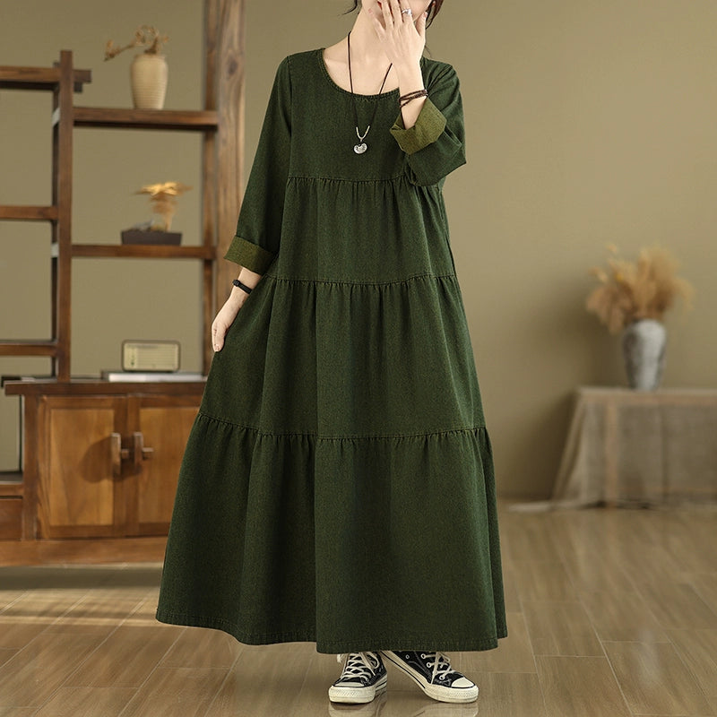 Denim dress with pockets for practical styling--Women Autumn Retro Cotton Denim Solid Color Plus Size Casual Dress Denim dress with pockets for practical styling--Women Autumn Retro Cotton Denim Solid Color Plus Size Casual Dress