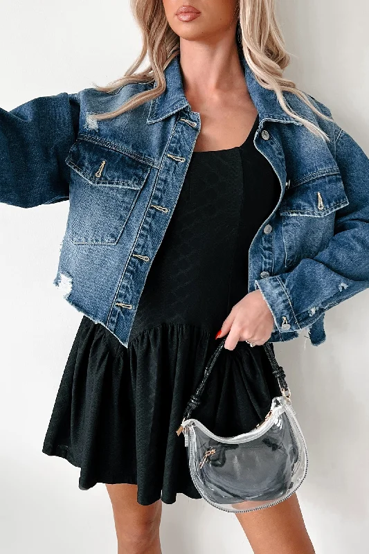 Denim coats with smart technology integration -Everywhere I Go Distressed Denim Jacket (Medium Denim) Denim coats with smart technology integration -Everywhere I Go Distressed Denim Jacket (Medium Denim)