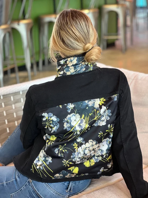 Women's denim jackets with vintage designs -The Black Denim Jacket / Blue Flower on Black Women's denim jackets with vintage designs -The Black Denim Jacket / Blue Flower on Black