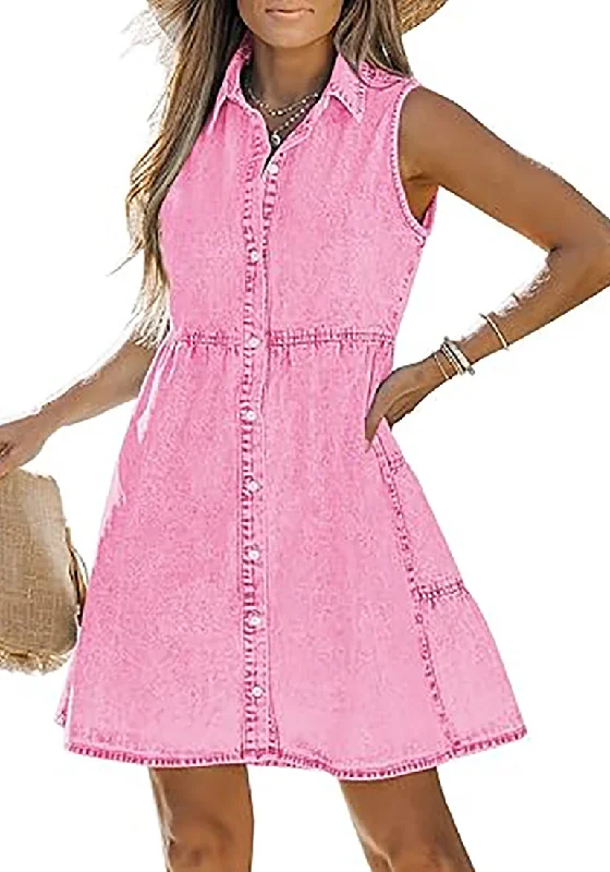 Denim dress with side belt detail--Aurora Pink Denim Dress for Women Sleeveless Babydoll Button Down Short Jean Dresses Cute Summer Denim dress with side belt detail--Aurora Pink Denim Dress for Women Sleeveless Babydoll Button Down Short Jean Dresses Cute Summer