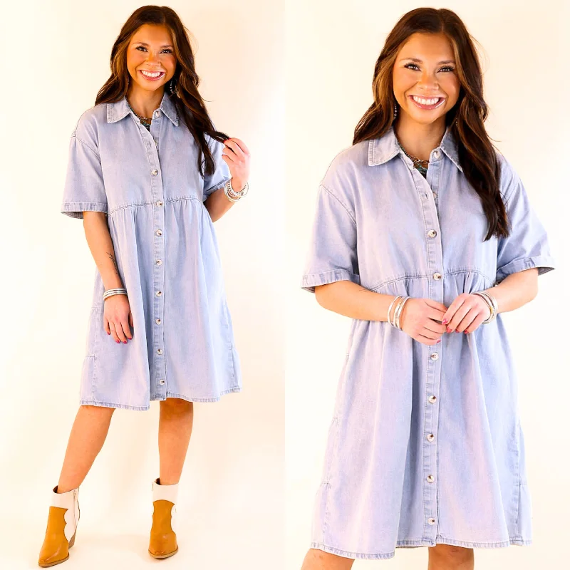 Denim dress sizing chart conversion guide--Nice to Meet You Button Up Collared Denim Dress in Light Wash