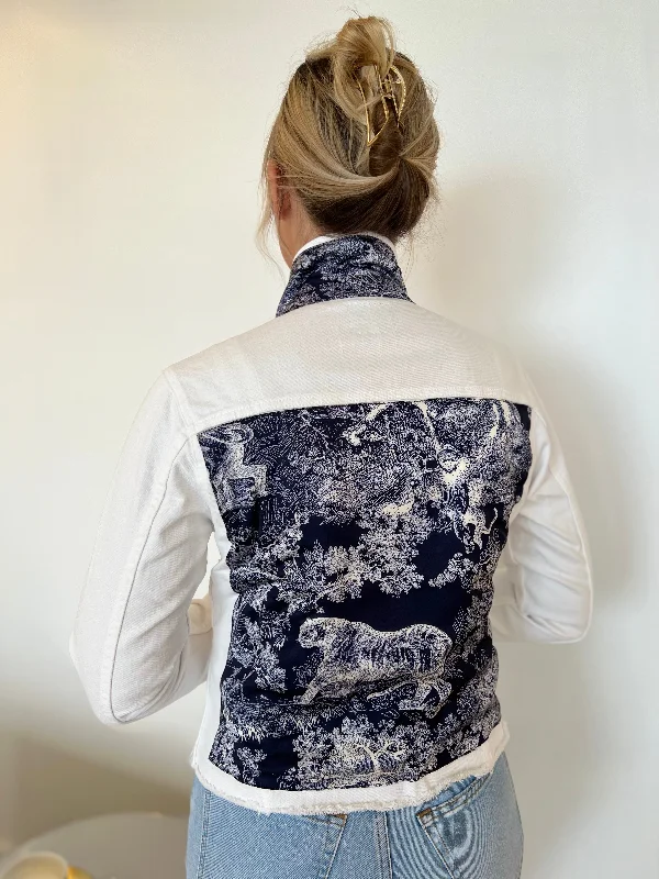 These keywords aim to match user search intent and provide practical styling advice.The White Denim Jacket / Navy Toile