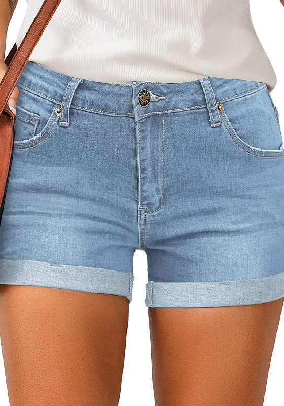 Medium Blue Women's High Waisted Rolled Hem Distressed Jeans Ripped Denim Shorts