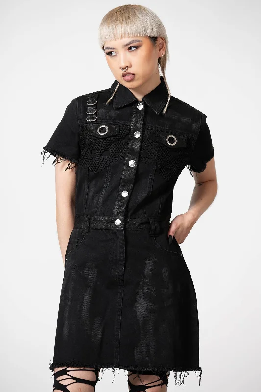 Denim dress with front slit maxi--Ree-Vival Denim Dress