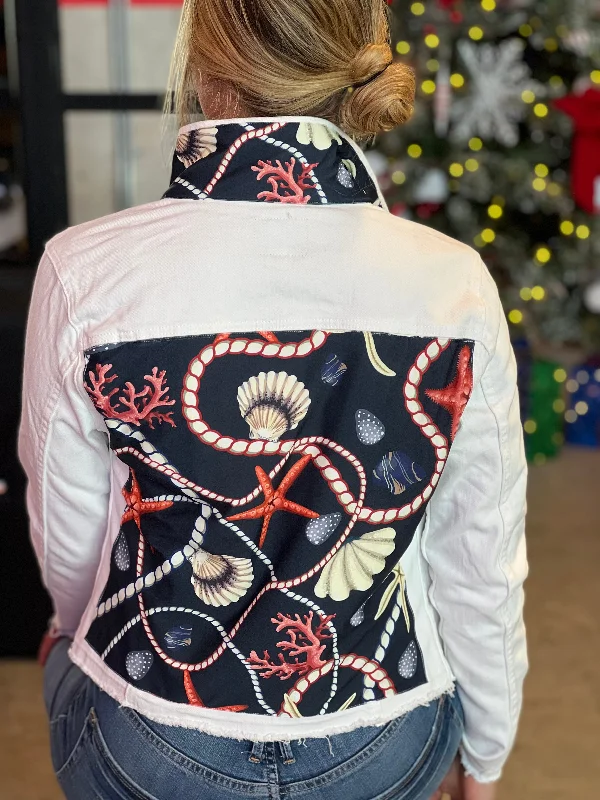 Denim jackets for plus-size women -The White Denim Jacket / Navy Shells and Coral
