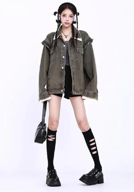 Styling tips for boyfriend denim jackets -Grunge Button Up Oversized Denim Jacket