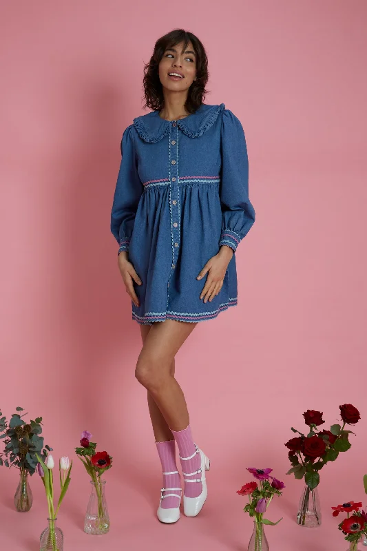 Denim dress with removable belt loops--Ayla Ric-Rac Denim Dress