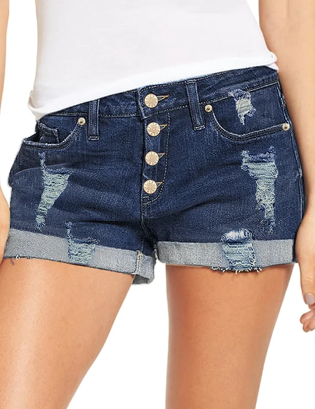 Women's High Waisted Rolled Hem Distressed Jeans Ripped Denim Shorts