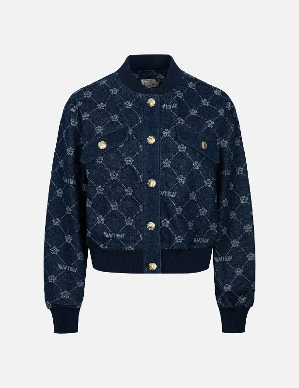 Denim jackets for plus-size women -Allover Kamon and Logo Drop Shoulder Denim Bomber Jacket Denim jackets for plus-size women -Allover Kamon and Logo Drop Shoulder Denim Bomber Jacket