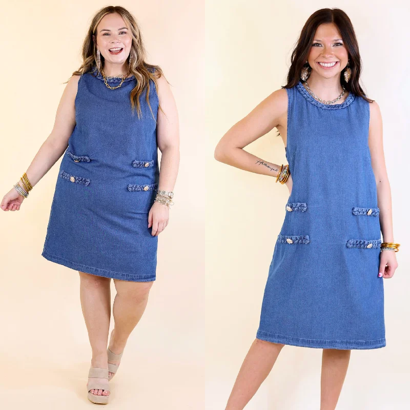 Denim dress with ruffled sleeve details--Simple Serenity Denim Dress with Braided Detailing