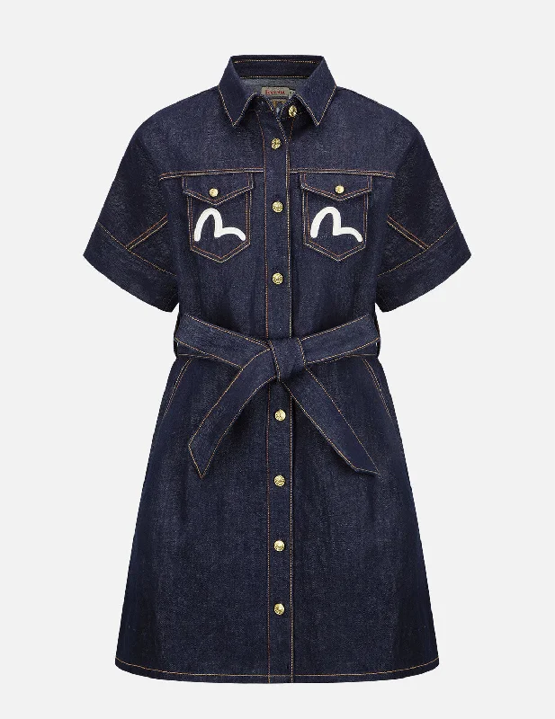 Denim dress with contrast collar--Logo and Floral Embroidery Denim Dress