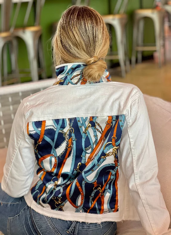 Denim jackets for bohemian style -The White Denim Jacket / Navy Straps