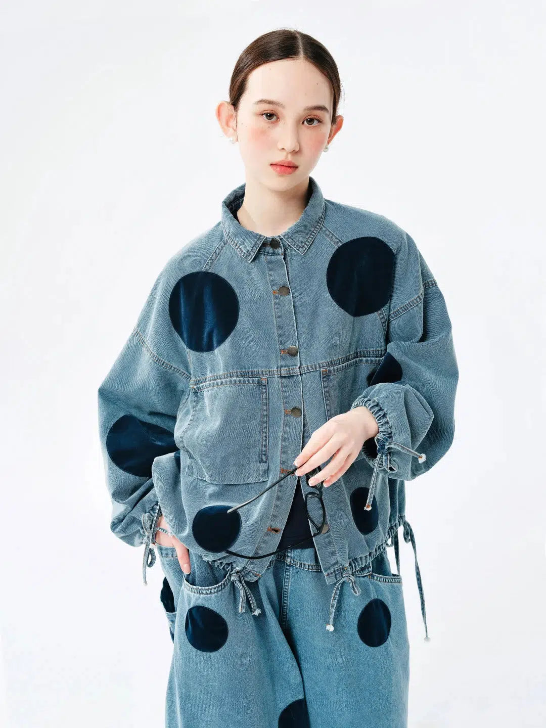 Denim coats with unique embroidery -Polka Dot Button Up Denim Jacket