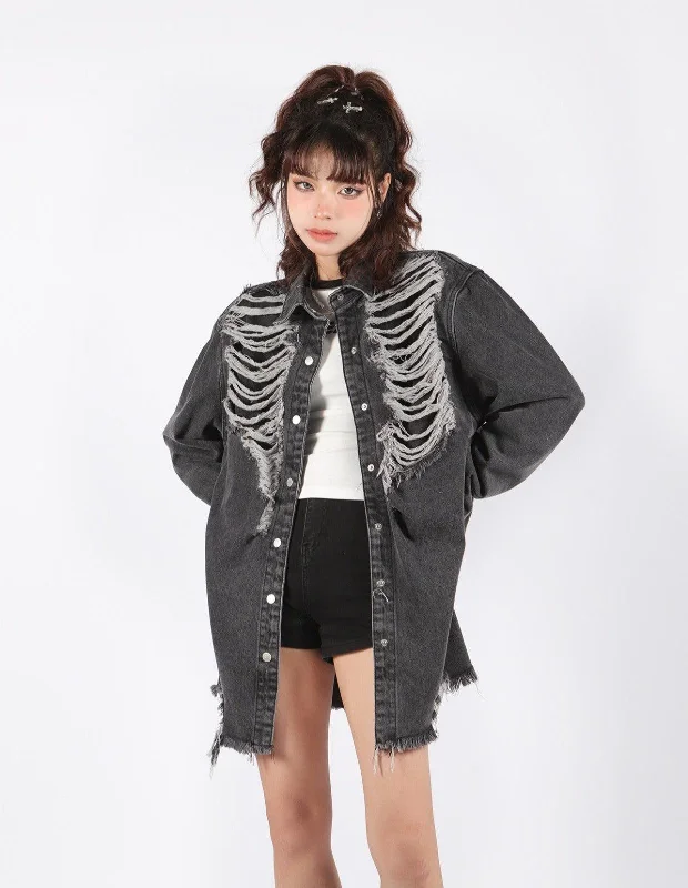Women's denim jackets with vintage designs -Grunge Distressed Long Denim Jacket