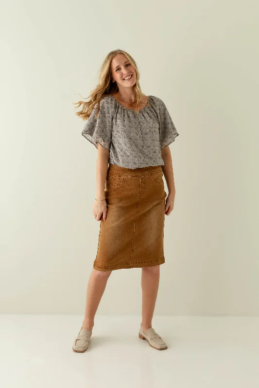 'Sara' Stretch Denim Midi Skirt in Camel