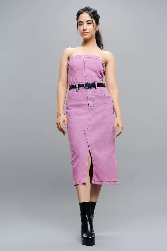 Denim wrap dress with floral embroidery--Pink Dyed Strapless Denim Dress