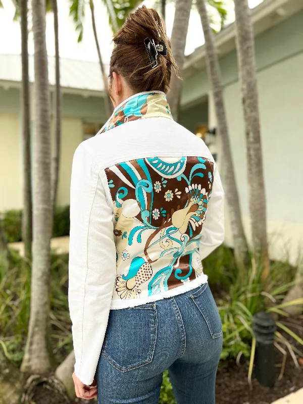 Denim coats with smart technology integration -The White Denim Jacket / Pucci Turquoise Denim coats with smart technology integration -The White Denim Jacket / Pucci Turquoise