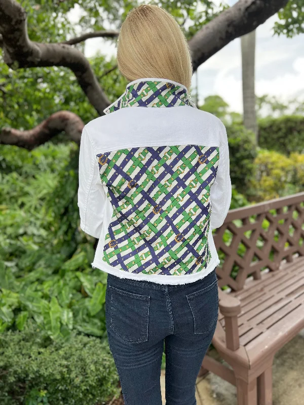 Women's denim jackets with innovative designs -The White Demin Jacket / Green & Navy Belts Women's denim jackets with innovative designs -The White Demin Jacket / Green & Navy Belts