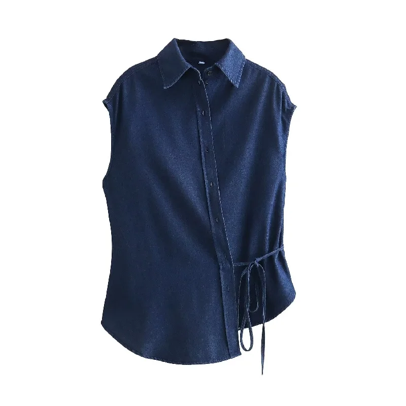 Denim tops featuring asteroid dust prints- -Women's Denim Shirt Irregular Button Front Side Tie Waist Top